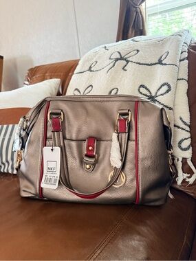 MKF Metallic Taupe Satchel with Red Trim